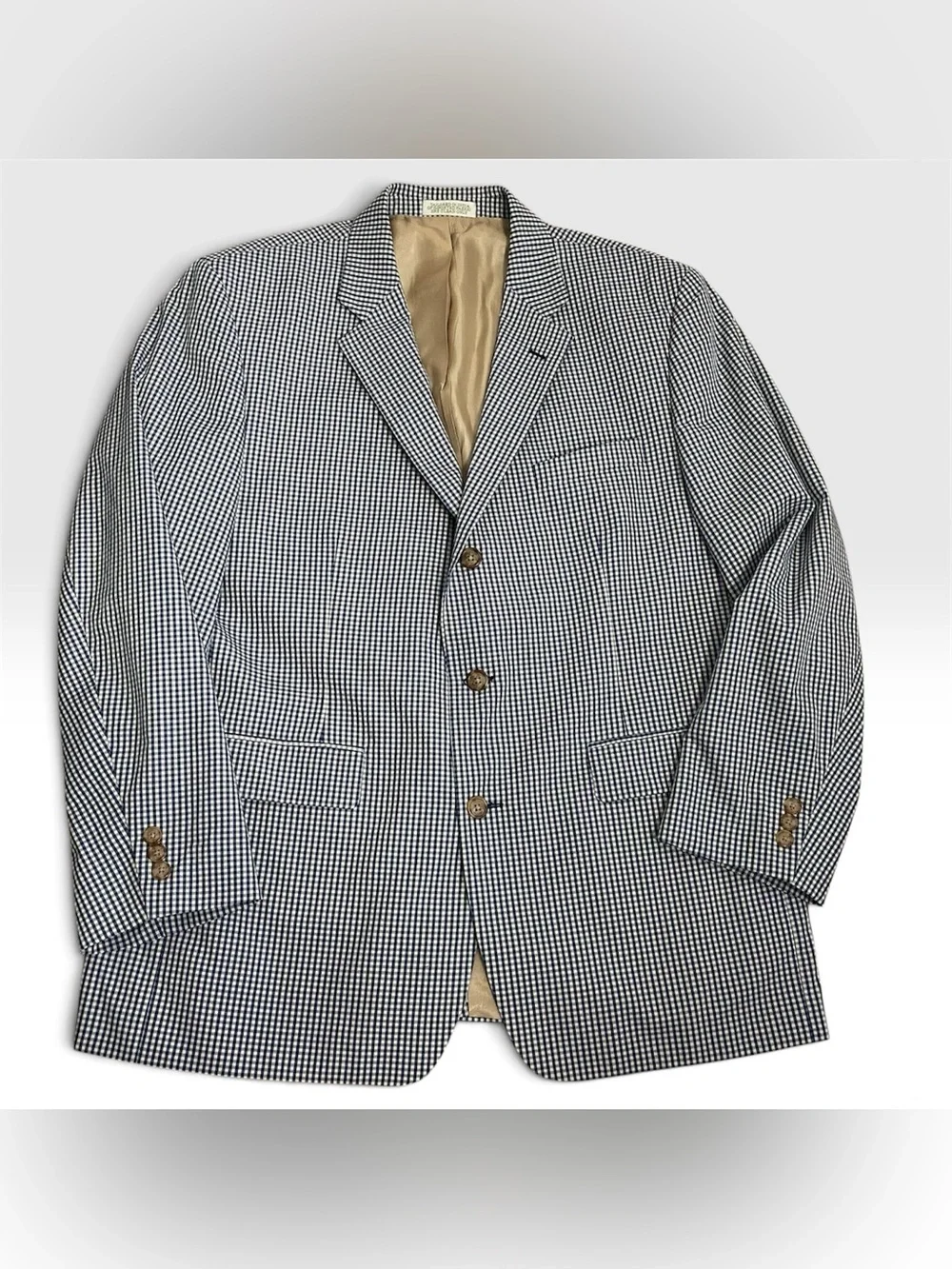 Orvis Navy Beige Gingham Check 3 Button Sport Coat Blazer Cotton Preppy Size 46R